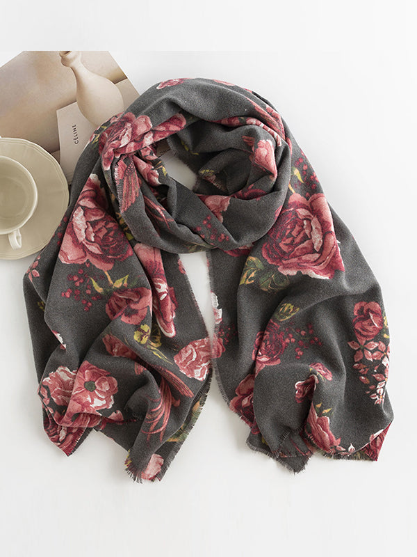Flower Print Keep Warm Tasseled Shawl&Scarf