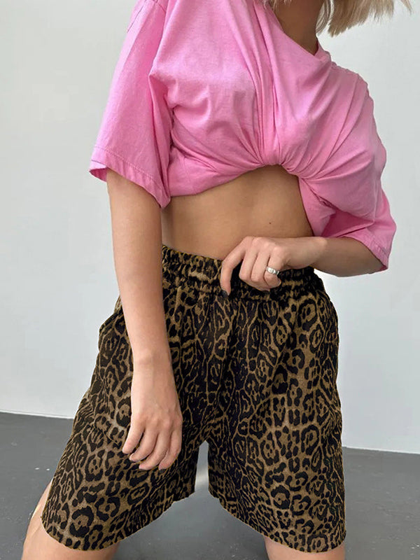 High Waisted Loose Elasticity Leopard Pockets Split-Joint Zipper Shorts Bottoms