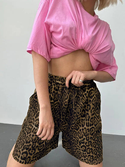 High Waisted Loose Elasticity Leopard Pockets Split-Joint Zipper Shorts Bottoms