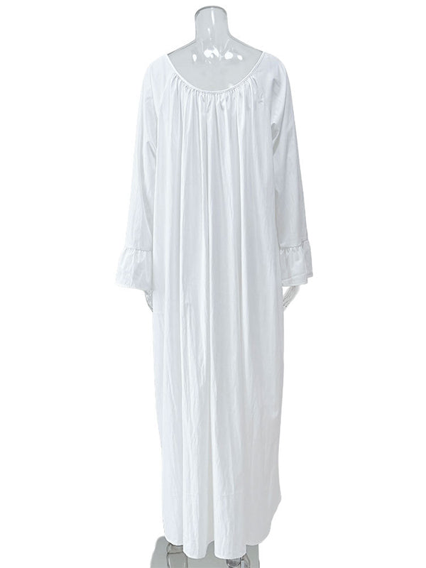 Flared Sleeves Loose Pleated Solid Color Split-Joint Round-Neck Maxi Dresses