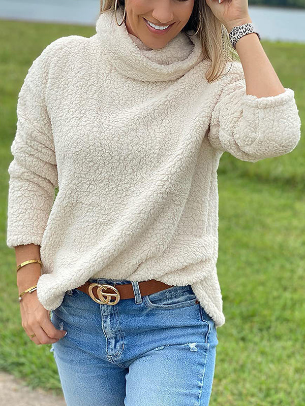 Long Sleeves Loose Solid Color Split-Joint High Neck Sweatshirt Tops