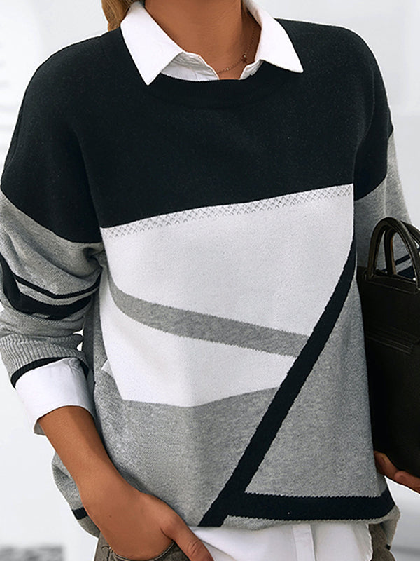 Long Sleeves Loose Contrast Color Printed Round-Neck Pullovers Sweater Tops