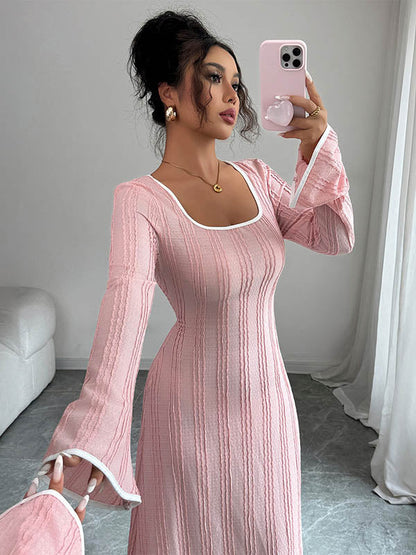 A-Line Bodycon Ribbed Knit Split-Joint Square-Neck Maxi Dresses