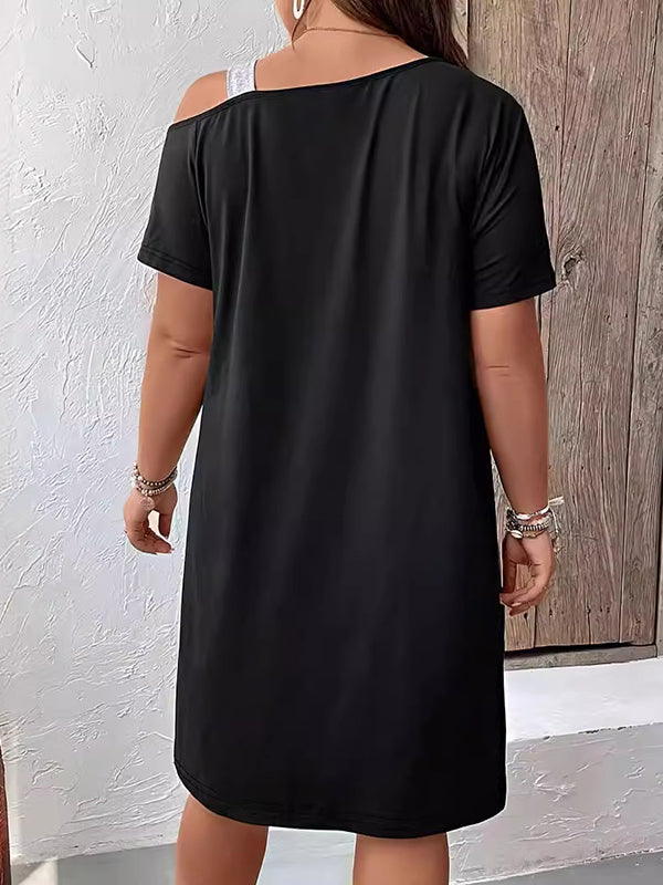 A-Line Loose Asymmetric Contrast Color Split-Joint Cold Shoulder Midi Dresses