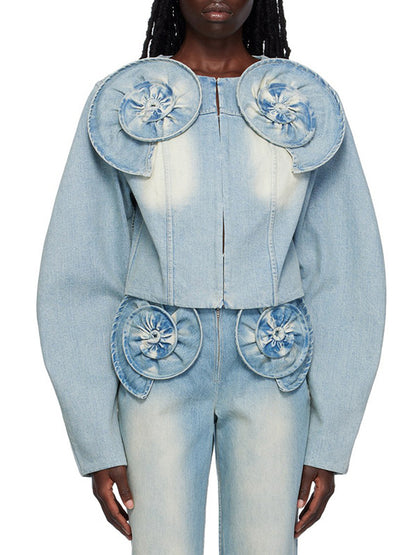 Long Sleeves Loose Buckle Three-Dimensional Flower Round-Neck Denim Jackets Outerwear