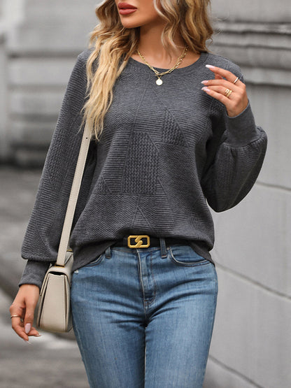 Long Sleeves Loose Jacquard Solid Color Round-Neck Sweatshirt Tops