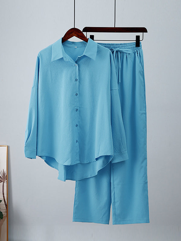 Solid Color High-Low Long Sleeves Lapel Blouses + Drawstring Pants Two Pieces Set