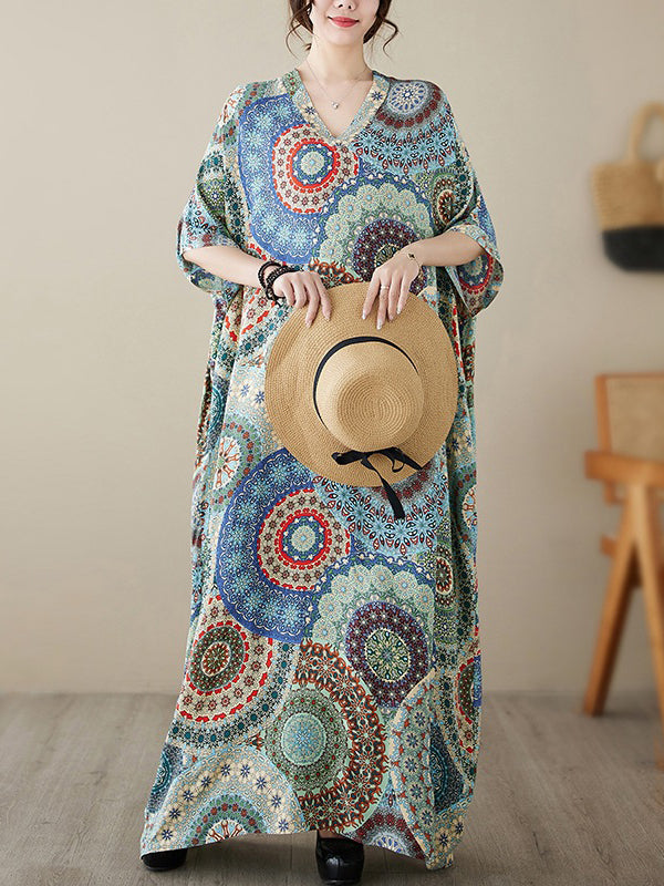 Loose Short Sleeves Ethnic Printed V-Neck Maxi Dresses