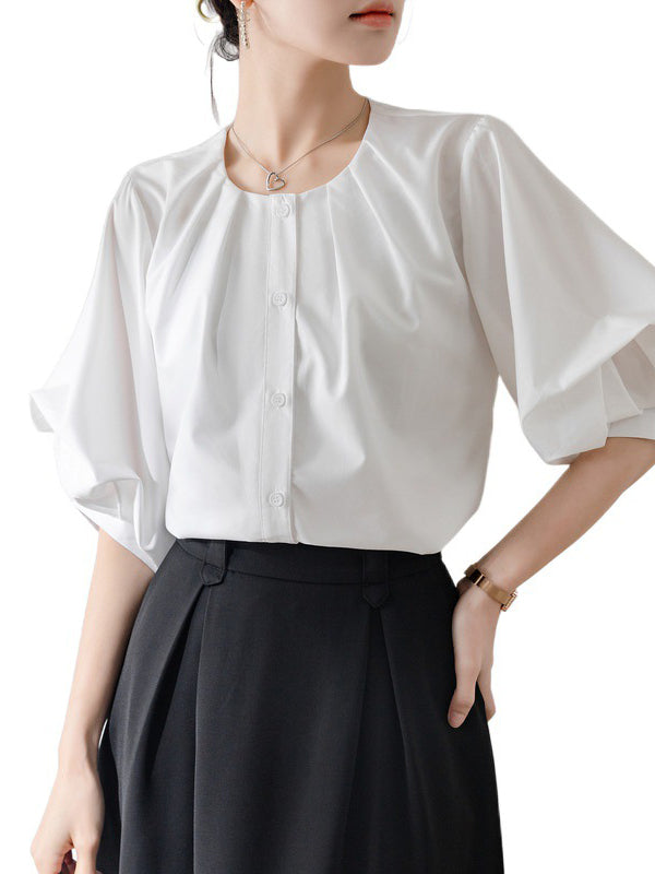 Half Sleeves Loose Buttoned Pleated Solid Color Round-Neck Blouses&Shirts Tops
