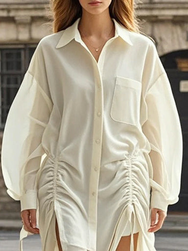 Long Sleeves Loose Buttoned Drawstring Pleated Pockets Solid Color Lapel Midi Dresses Shirt Dress