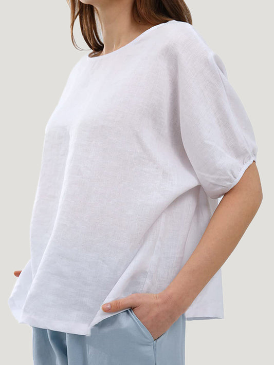 Loose Puff Sleeves Hollow Solid Color Split-Joint Round-Neck T-Shirts