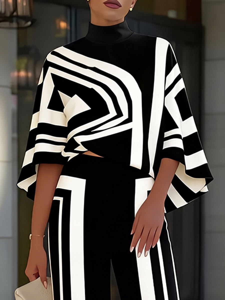 Printed Line Contrast Color Three-quarter Sleeves Loose Mock Neck T-Shirts Tops