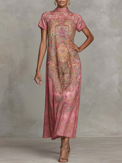 Loose Short Sleeves Contrast Color Flower Print Mock Neck Maxi Dresses