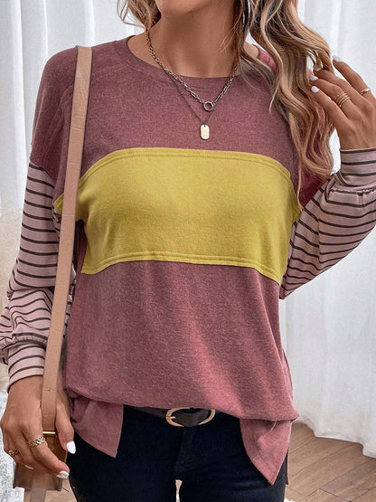 Long Sleeves Loose Contrast Color Split-Joint Striped Round-Neck Blouses&Shirts Tops