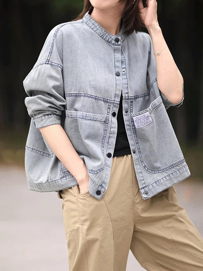 Long Sleeves Loose Buttoned Pockets Split-Joint Round-Neck Denim Outerwear