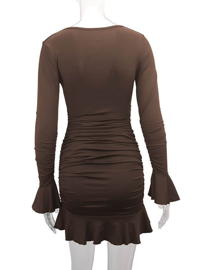 Bodycon Elasticated Waist Pleated Ruffled Solid Color Split-Joint V-Neck Midi Dresses