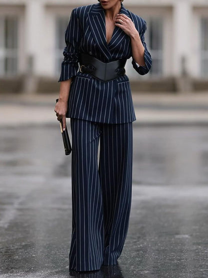 Long Sleeves No Belt Striped Notched Collar Blazer Outerwear