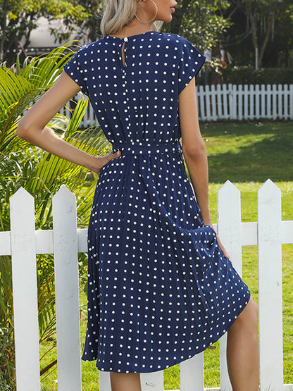A-Line Cap Sleeve Buttoned Contrast Color Pleated Polka-Dot Split-Joint Tied Waist Round-Neck Midi Dresses
