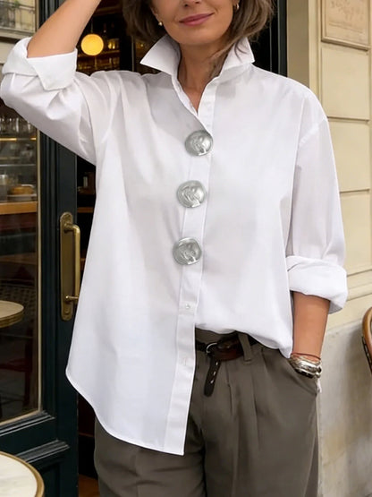 Long Sleeves Loose Buttoned Solid Color Split-Joint Lapel Blouses&Shirts Tops