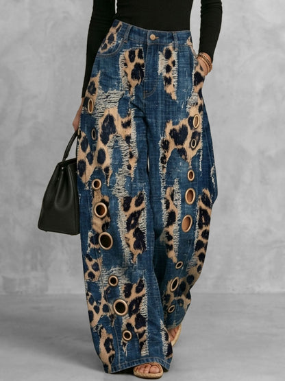 High Waisted Wide Leg Buttoned Hollow Leopard Pockets Split-Joint Zipper Pants Trousers