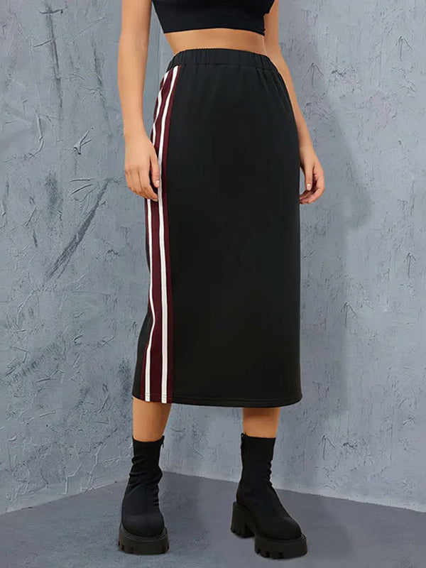 High Waisted Loose Contrast Color Elasticity Pleated Split-Back Split-Joint Striped Skirts Bottoms