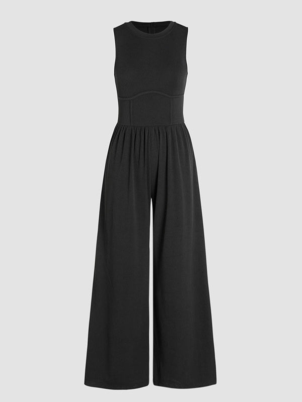 High Waisted Loose Pockets Solid Color Round-Neck Jumpsuits
