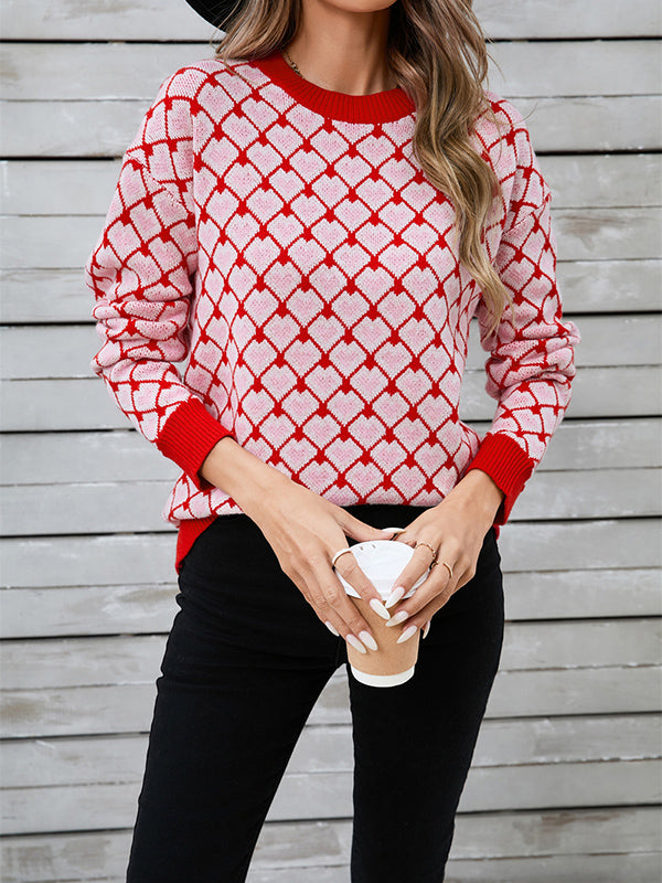 Long Sleeves Loose Contrast Color Jacquard Split-Joint Round-Neck Pullovers Sweater Tops