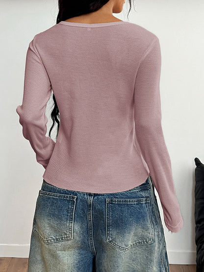 Long Sleeves Skinny Buttoned Solid Color Round-Neck Blouses&Shirts Tops