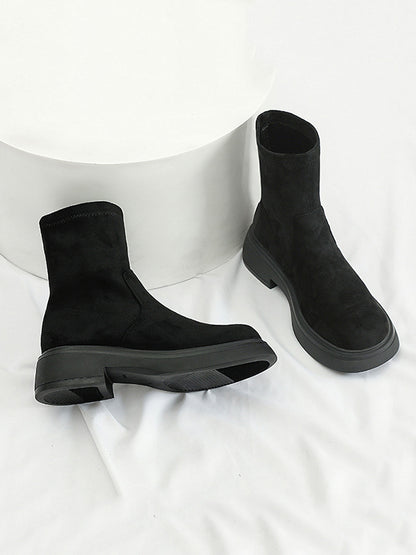 Chunky Shoes Round-Toe Split-Joint Velvet Boots