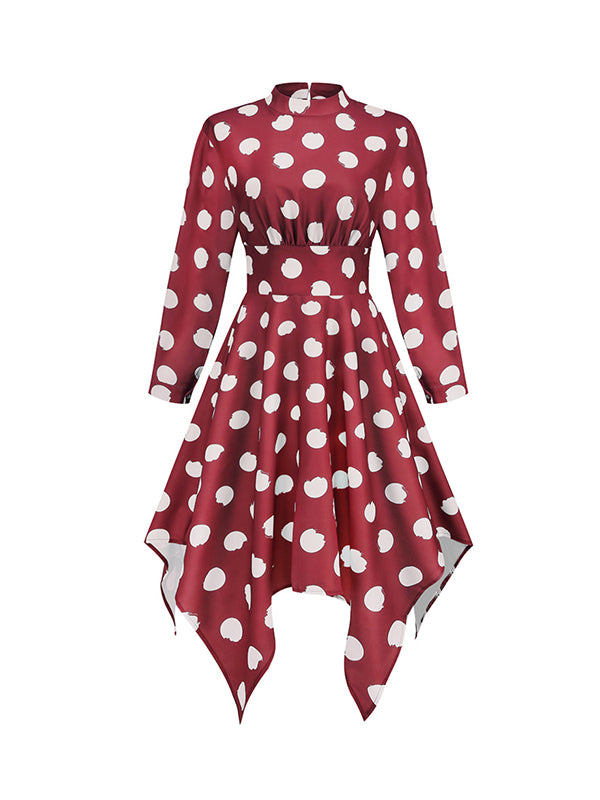 A-Line Long Sleeves Elasticity Hollow Polka-Dot Mock Neck Midi Dresses