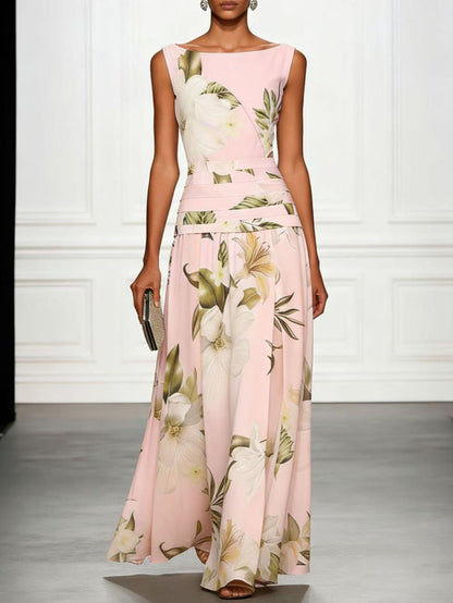 A-Line High Waisted Flower Print Pleated Split-Joint Zipper Round-Neck Maxi Dresses