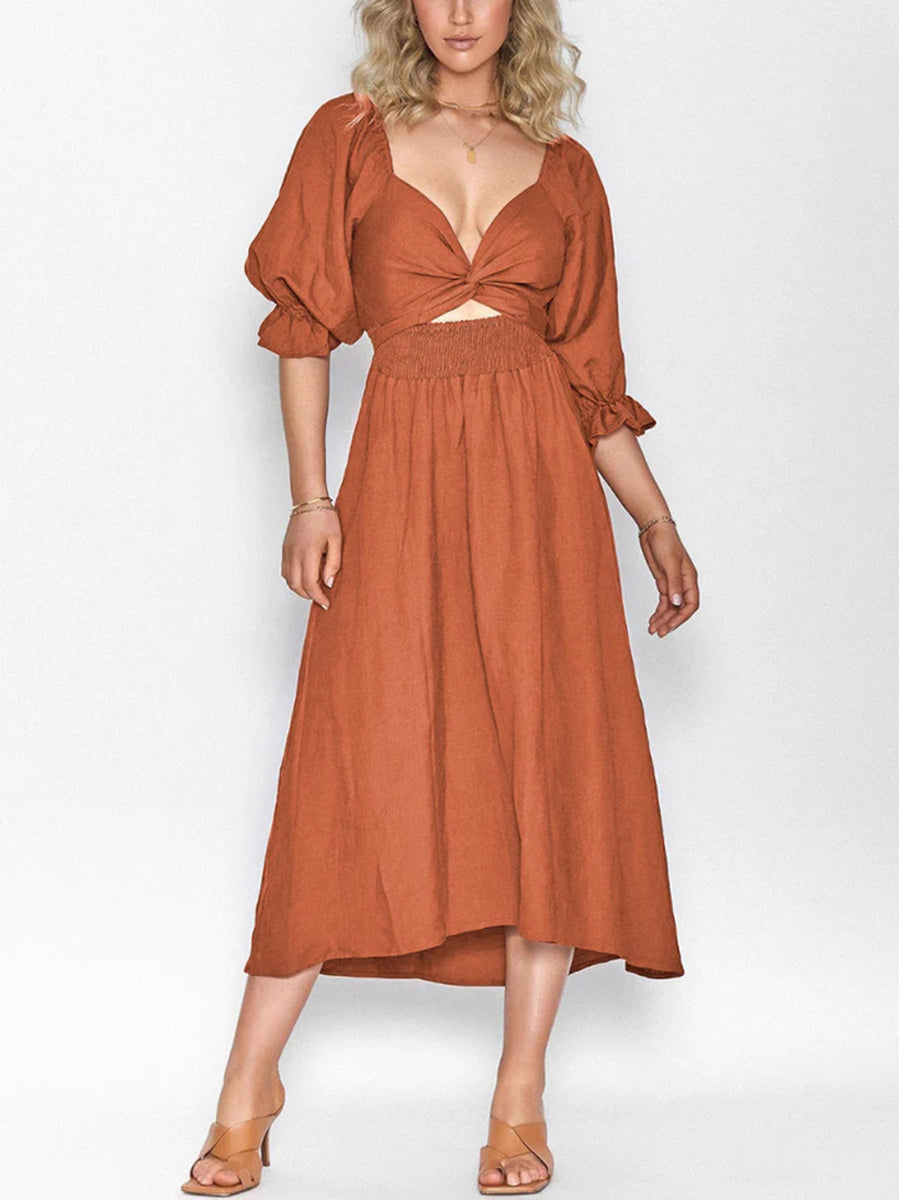 High Waisted Long Sleeves Elasticity Pleated Solid Color V-Neck Midi Dresses