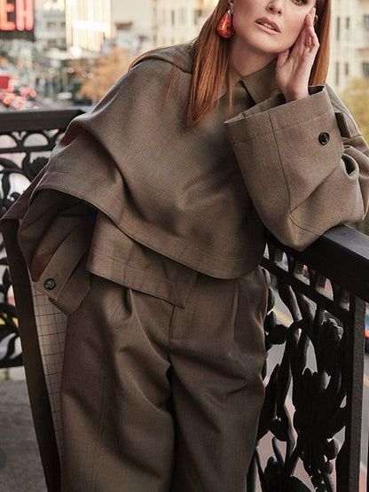 Long Sleeves Loose Asymmetric Buttoned Pockets Solid Color Stand Collar Blazer Outerwear