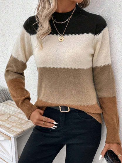 Long Sleeves Contrast Color Round-Neck Pullovers Sweater Tops