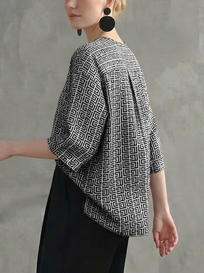 Long Sleeves Contrast Color Printed Round-Neck Blouses&Shirts Tops