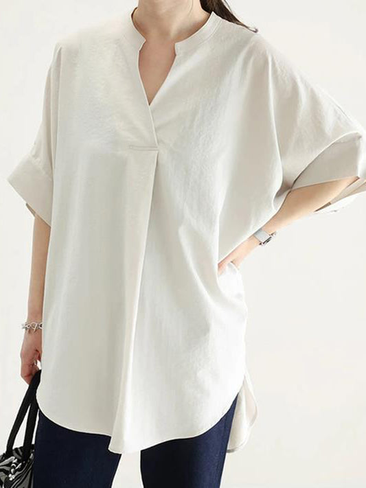 Half Sleeves High-Low Pleated Solid Color Split-Joint V-Neck Blouses&Shirts Tops