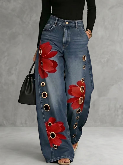 High Waisted Wide Leg Buttoned Flower Print Hollow Pockets Jean Pants Bottoms Trousers