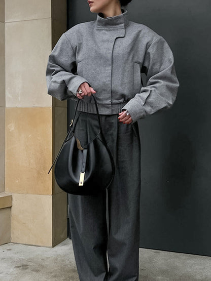 Long Sleeves Loose Elasticity Solid Color Stand Collar Woolen Coat