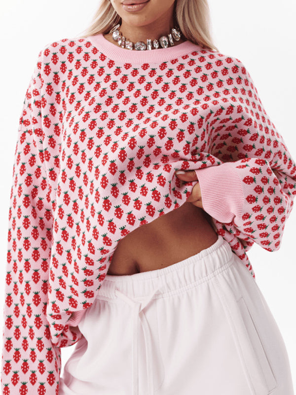 Long Sleeves Loose Pleated Split-Joint Round-Neck Sweater Tops