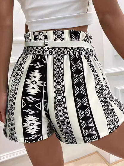 High Waisted Loose Elasticity Printed Split-Joint Tied Waist Shorts