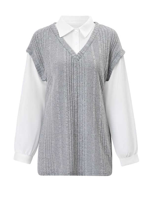 False Two Long Sleeves Buttoned Pleated Split-Joint Lapel Blouses&Shirts Tops