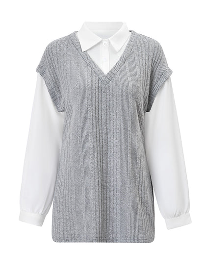 False Two Long Sleeves Buttoned Pleated Split-Joint Lapel Blouses&Shirts Tops