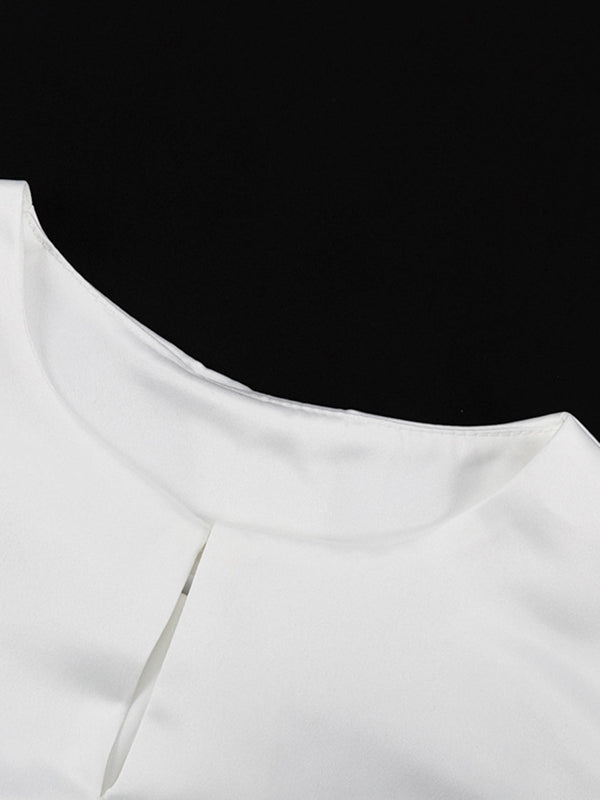 Loose Puff Sleeves Hollow Solid Color Split-Joint Round-Neck Blouses