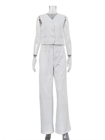 Loose Sleeveless Buttoned Striped V-Neck Vest Top + Pockets Pants Bottom Two Pieces Set