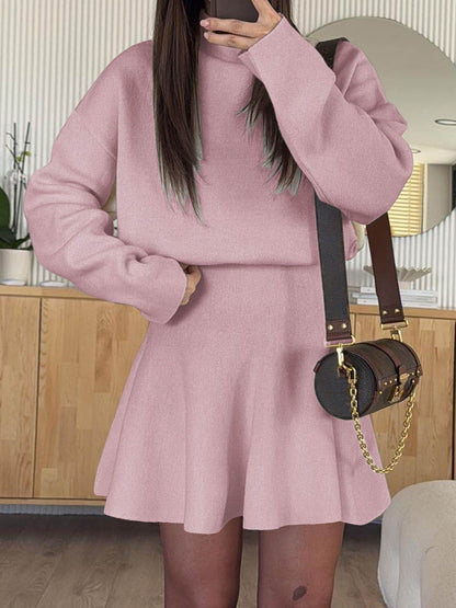 A-line High Waisted Elasticity Solid Color Round-neck Mini Dresses Sweater Dresses