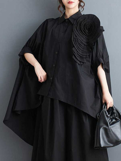 Half Sleeves High-Low Buttoned Pleated Solid Color Three-Dimensional Flower Lapel Blouses&Shirts Tops