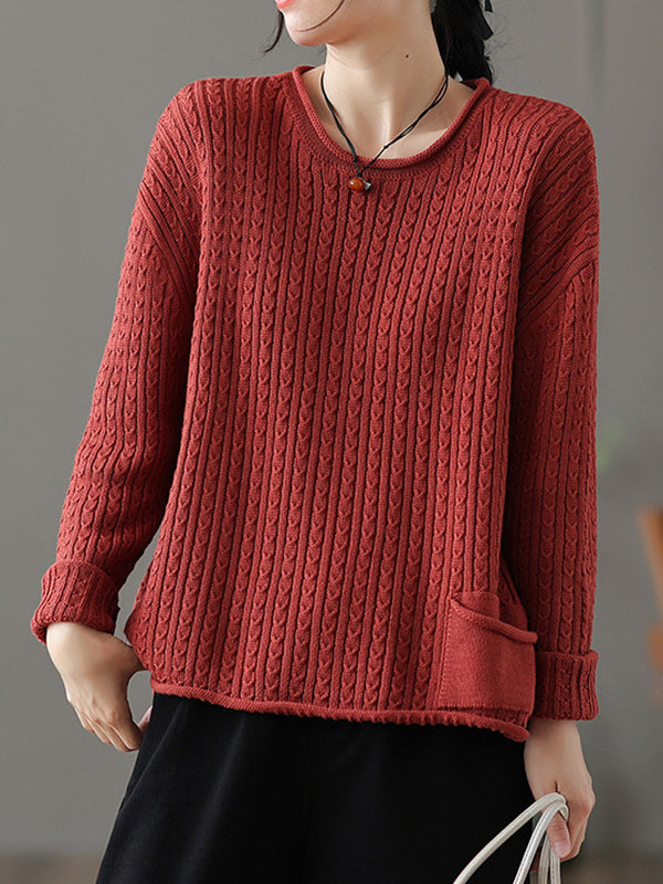 Artistic Retro Loose Long Sleeves Jacquard Solid Color Round-Neck Sweater Tops
