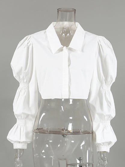 Bishop Sleeve Long Sleeves Buttoned Elasticity Solid Color Lapel Blouses&Shirts Tops