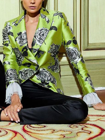 Long Sleeves Loose Flower Print Split-Joint Notched Collar Blazer Outerwear