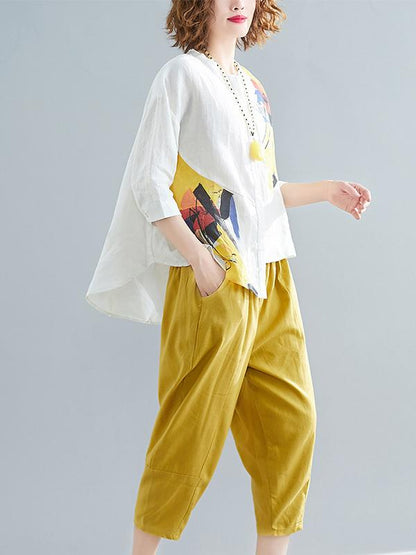 Printed Shirt + Solid Wide Leg Pants
